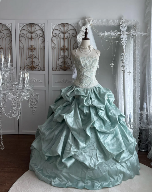 Classical Strapless Green Prom Dress Sequins Tassel Ruffles A-Line Evening Dress GG7483