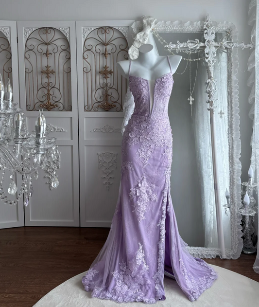 Playful Spaghetti Straps Prom Dress Lace Appliques Slit Mermaid Evening Dress GG7485