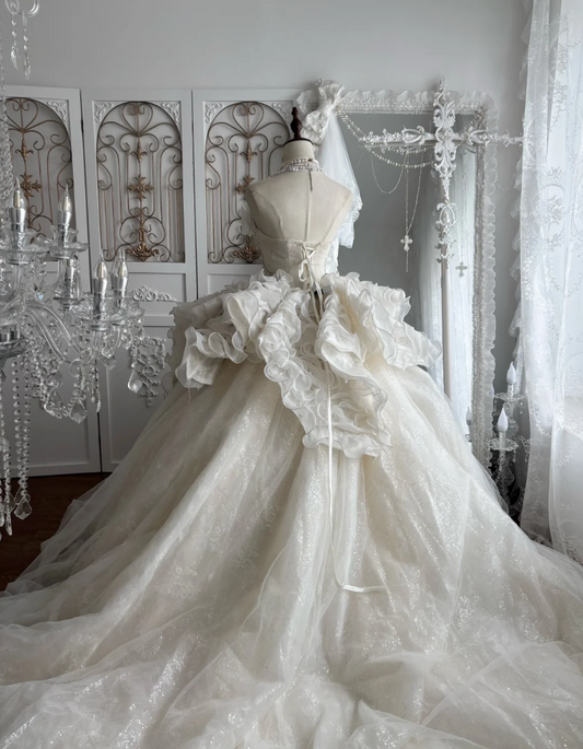 Attractive Strapless Ruffles Wedding Dress Sequins A-Line Bridal Dress GG7486