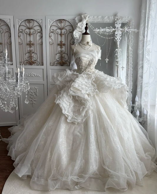 Attractive Strapless Ruffles Wedding Dress Sequins A-Line Bridal Dress GG7486