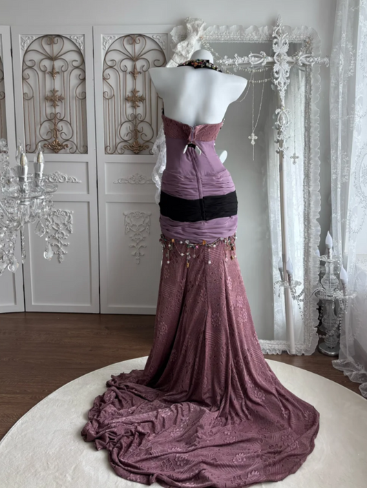Vintage Halter Neck Purple Prom Dress Crystals Mermaid Evening Dress GG7487