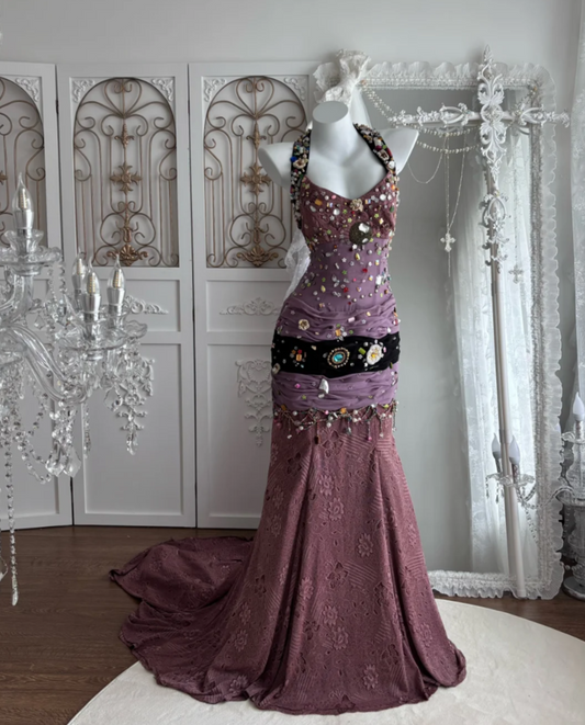 Vintage Halter Neck Purple Prom Dress Crystals Mermaid Evening Dress GG7487