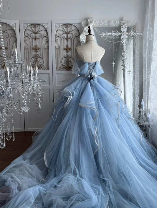 Romantic Off-Shoulder Blue Prom Dress Lace Ruffles Tulle A-Line Evening Dress GG7488