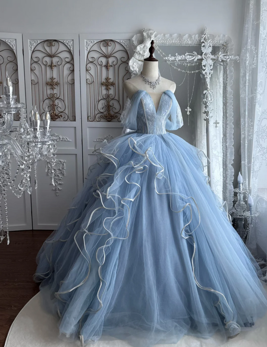 Romantic Off-Shoulder Blue Prom Dress Lace Ruffles Tulle A-Line Evening Dress GG7488