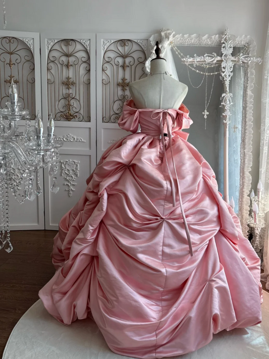Adorable Off-Shoulder Pink Prom Dress Satin Ruffles Bow A-Line Evening Dress GG7489