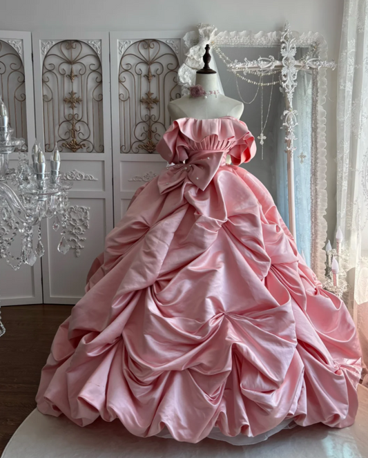 Adorable Off-Shoulder Pink Prom Dress Satin Ruffles Bow A-Line Evening Dress GG7489