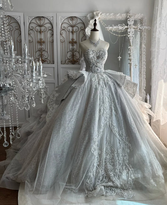 Exquisite Strapless Ruffles Wedding Dress Beading Appliques A-Line Bridal Dress GG7490