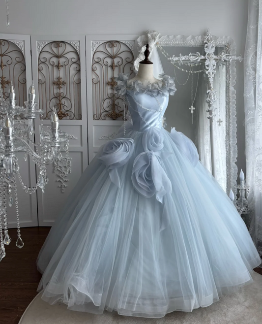 Elegant Sleeveless Blue Prom Dress Appliques Handmade Flowers A-Line Evening Dress GG7491