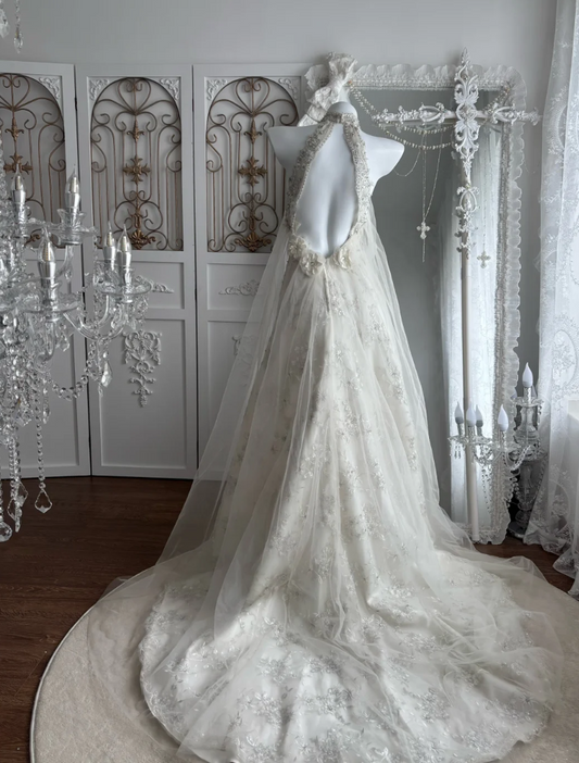 Romantic Halter Neck Beading Wedding Dress Sequins Backless A-Line Bridal Dress GG7492