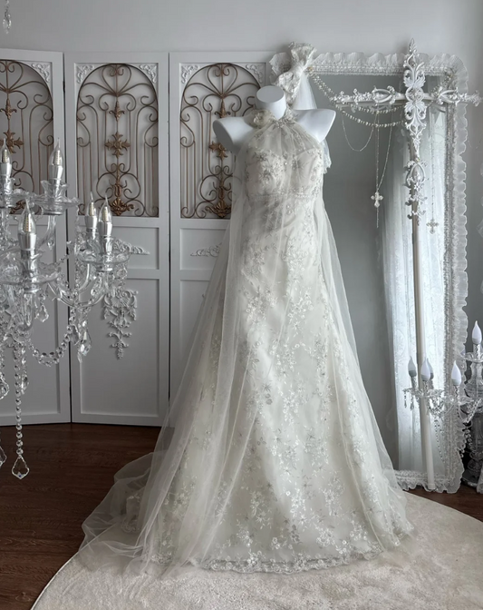 Romantic Halter Neck Beading Wedding Dress Sequins Backless A-Line Bridal Dress GG7492