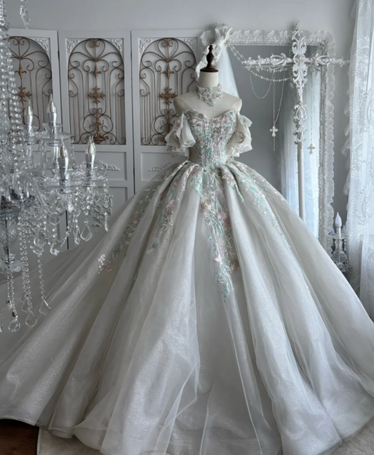 Unique Off-Shoulder Sequins Wedding Dress Appliques Tulle A-Line Bridal Dress GG7493