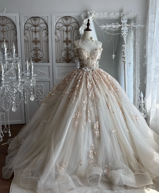 Attractive Off-Shoulder Apricot Prom Dress Appliques Sequins A-Line Evening Dress GG7494