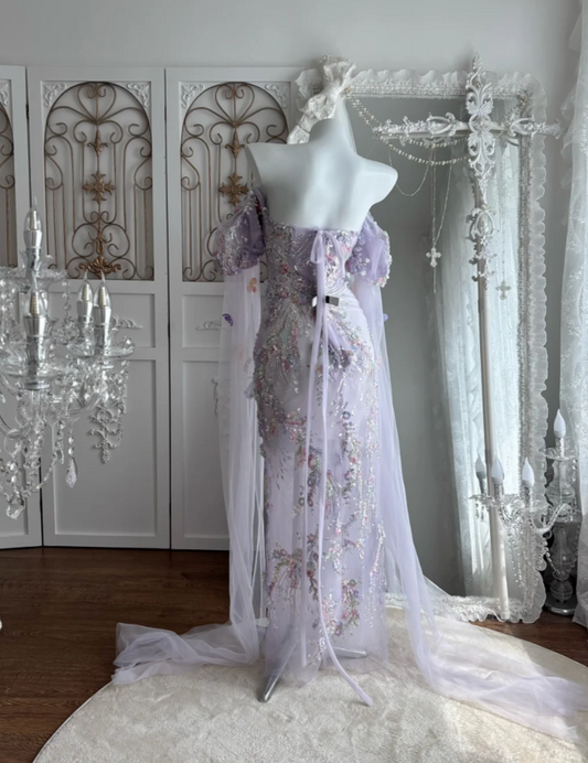 Ethereal Off-Shoulder Purple Prom Dress Beading Sequins Sheath Evening Dress GG7497