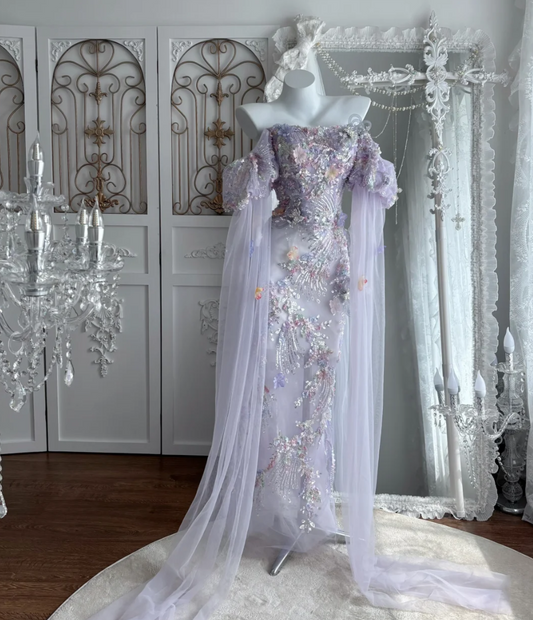 Ethereal Off-Shoulder Purple Prom Dress Beading Sequins Sheath Evening Dress GG7497