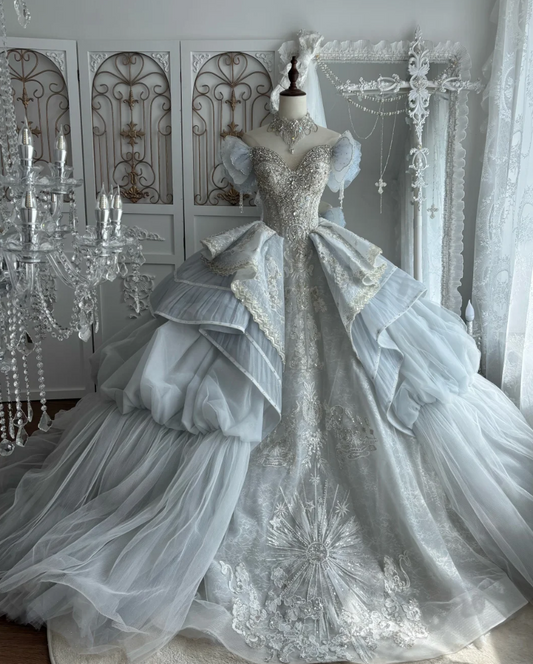 Romantic Off-Shoulder Wedding Dress Beading Sequins A-Line Bridal Dress GG7498