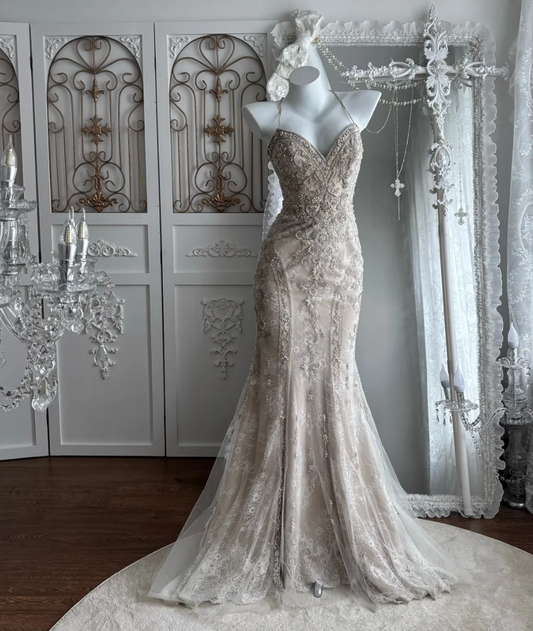 Sparkling Halter Neck Beige Prom Dress Beading Sequins Mermaid Evening Dress GG7499