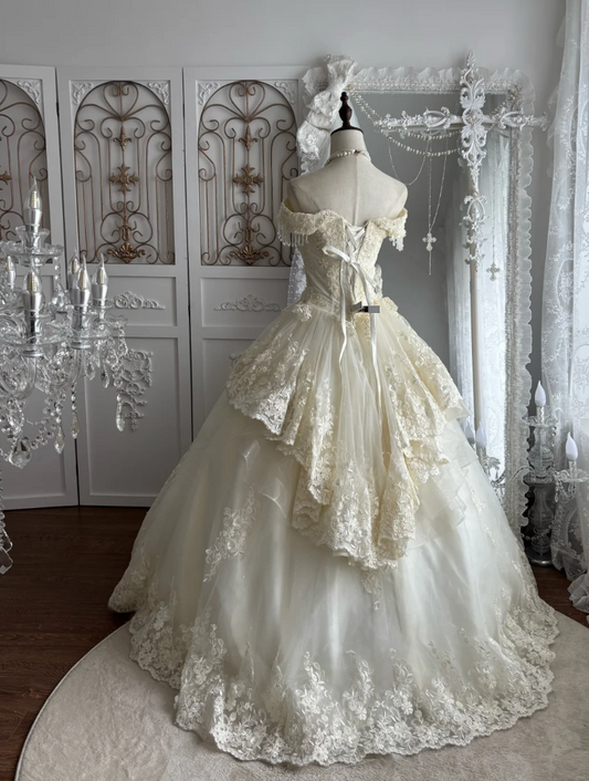 Glamorous Off-Shoulder Wedding Dress Ivory Tassel Appliques A-Line Bridal Dress GG7501