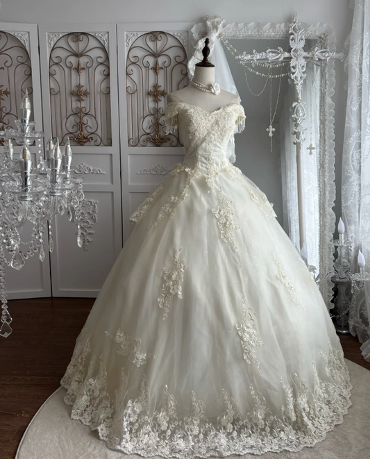 Glamorous Off-Shoulder Wedding Dress Ivory Tassel Appliques A-Line Bridal Dress GG7501