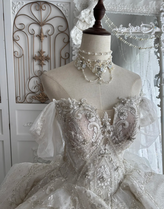 Unique Off-Shoulder Wedding Dress Sequins Ruffles A-Line Bridal Dress GG7502