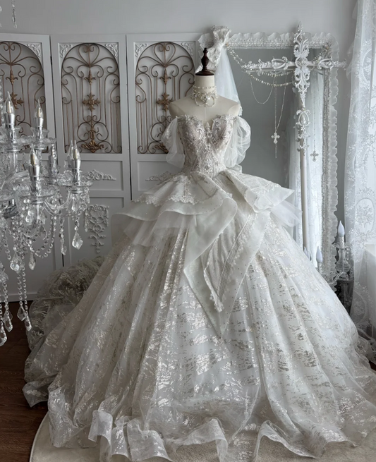 Unique Off-Shoulder Wedding Dress Sequins Ruffles A-Line Bridal Dress GG7502