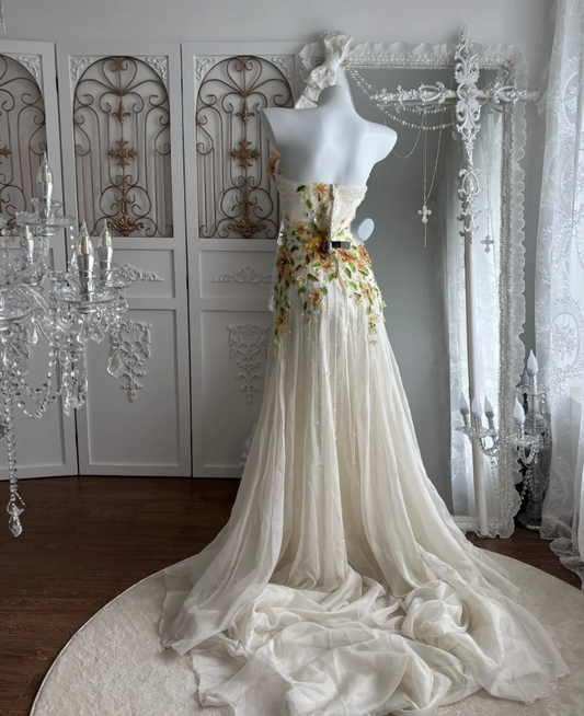 Romantic Strapless Ivory Prom Dress Appliques Tassel Sequins A-Line Evening Dress GG7503