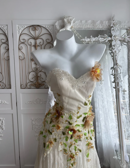 Romantic Strapless Ivory Prom Dress Appliques Tassel Sequins A-Line Evening Dress GG7503