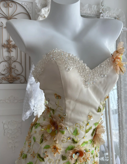 Romantic Strapless Ivory Prom Dress Appliques Tassel Sequins A-Line Evening Dress GG7503