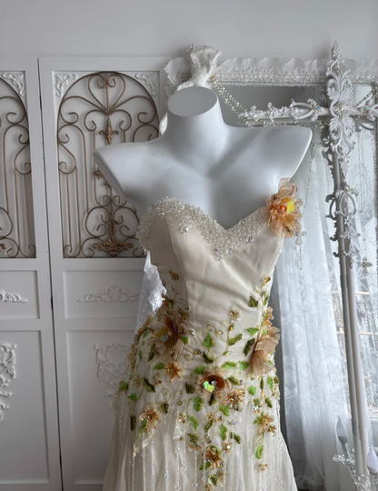 Romantic Strapless Ivory Prom Dress Appliques Tassel Sequins A-Line Evening Dress GG7503