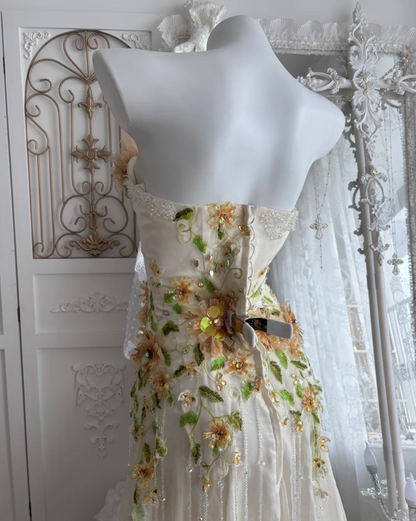 Romantic Strapless Ivory Prom Dress Appliques Tassel Sequins A-Line Evening Dress GG7503