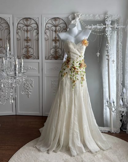 Romantic Strapless Ivory Prom Dress Appliques Tassel Sequins A-Line Evening Dress GG7503
