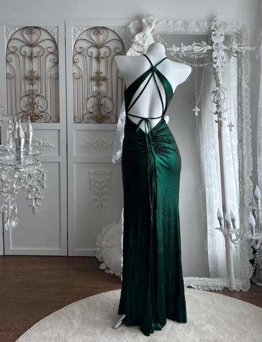 Chic Halter Neck Backless Prom Dress Green Slit Sheath Evening Dress GG7504