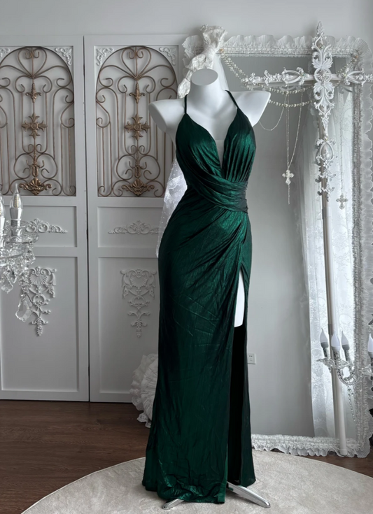 Chic Halter Neck Backless Prom Dress Green Slit Sheath Evening Dress GG7504