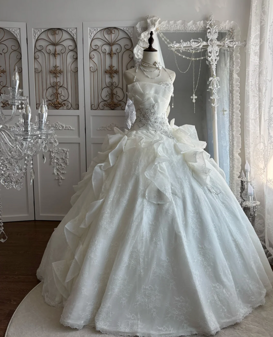 Ornate Strapless Beading Wedding Dress Lace Ruffles A-Line Bridal Dress GG7505