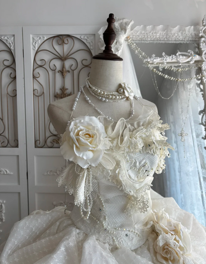 Luxurious Strapless Tiered Wedding Dress Handmade Flowers Beads A-Line Bridal Dress GG7506