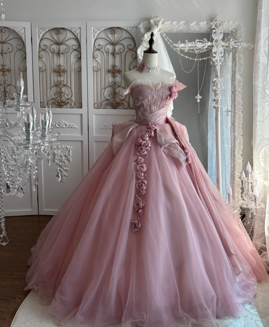 Adorable Strapless Pink Prom Dress Sequins Floral A-Line Evening Dress GG7508