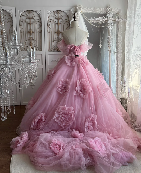 Romantic Off-Shoulder Pink Prom Dress Flowers Lace Sequins A-Line Evening Dress GG7510