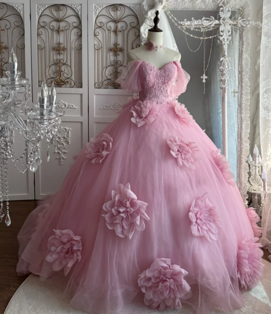 Romantic Off-Shoulder Pink Prom Dress Flowers Lace Sequins A-Line Evening Dress GG7510