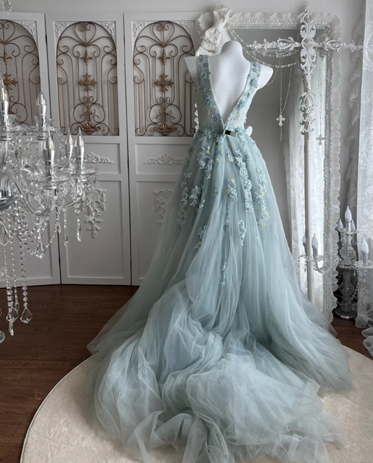 Unique V Neck Blue Prom Dress Appliques Sequins A-Line Evening Dress GG7512