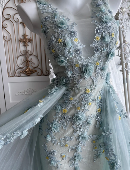 Unique V Neck Blue Prom Dress Appliques Sequins A-Line Evening Dress GG7512