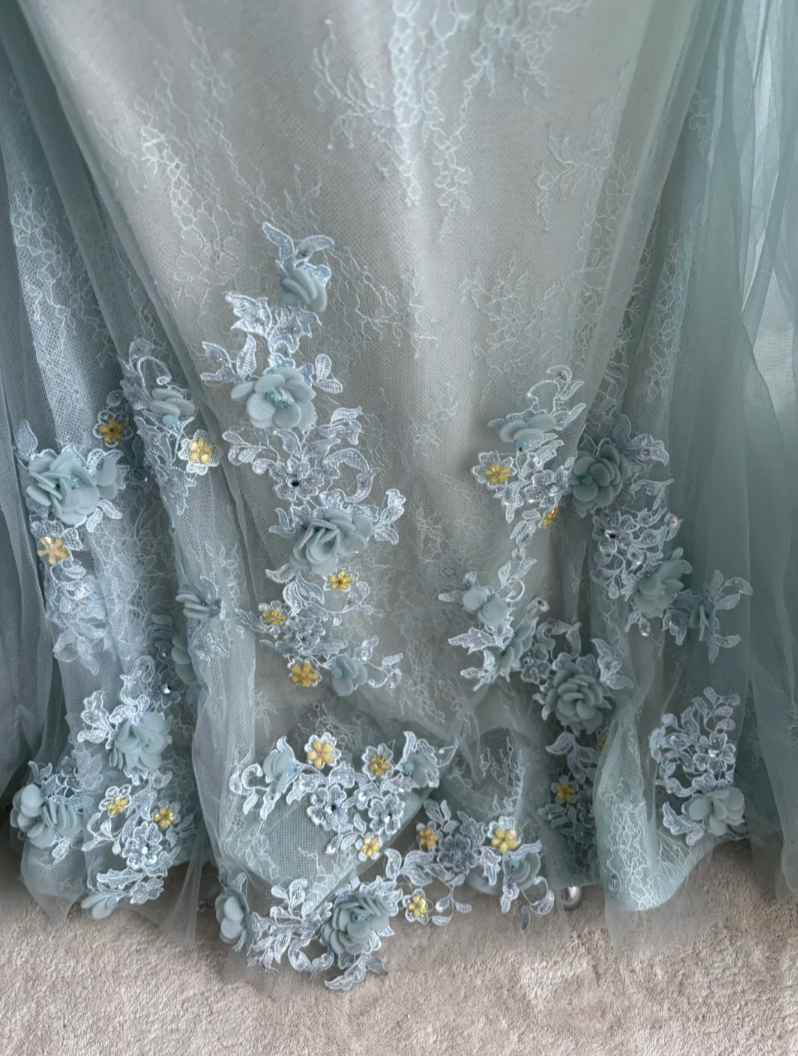 Unique V Neck Blue Prom Dress Appliques Sequins A-Line Evening Dress GG7512