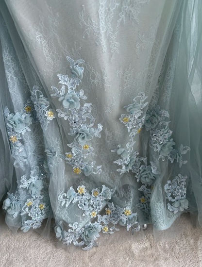Unique V Neck Blue Prom Dress Appliques Sequins A-Line Evening Dress GG7512