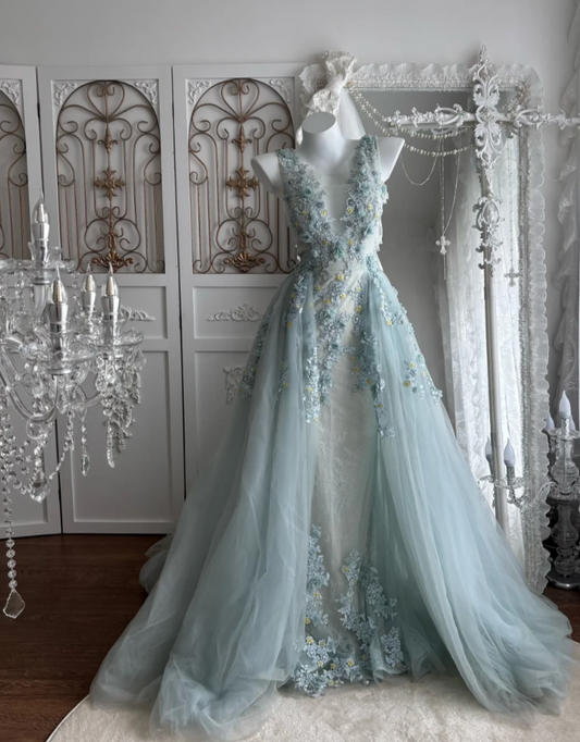 Unique V Neck Blue Prom Dress Appliques Sequins A-Line Evening Dress GG7512