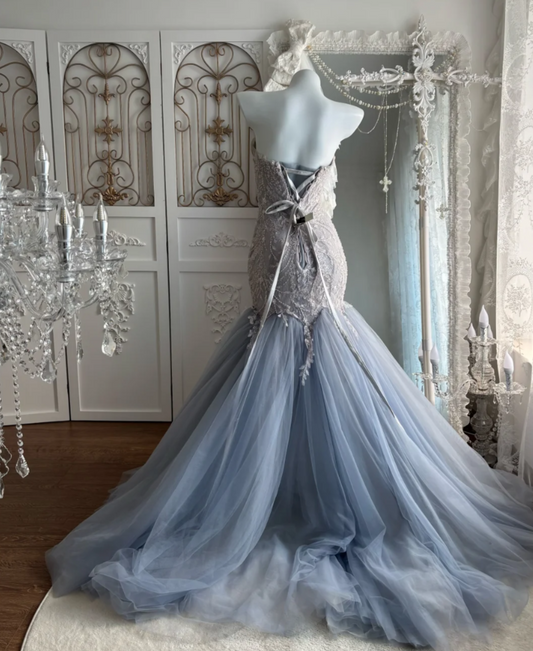 Romantic Strapless Blue Prom Dress Sequins Tulle Mermaid Evening Dress GG7513