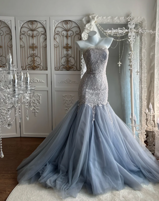 Romantic Strapless Blue Prom Dress Sequins Tulle Mermaid Evening Dress GG7513