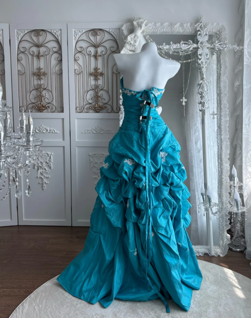Vintage Strapless Blue Prom Dress Appliques A-Line Evening Dress GG7515