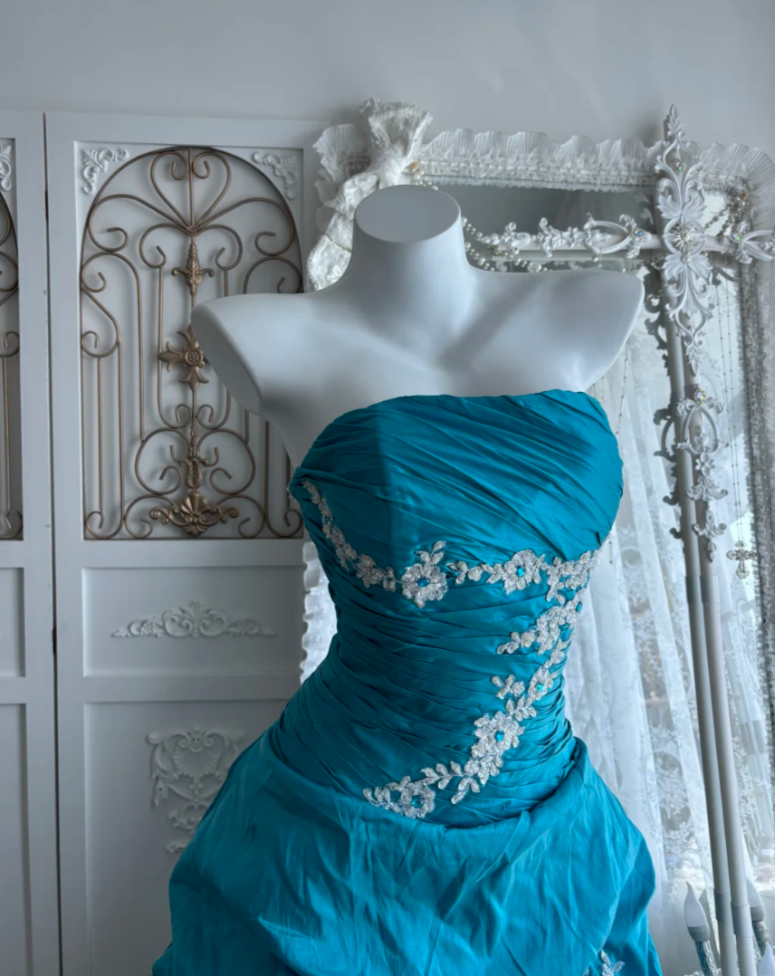 Vintage Strapless Blue Prom Dress Appliques A-Line Evening Dress GG7515