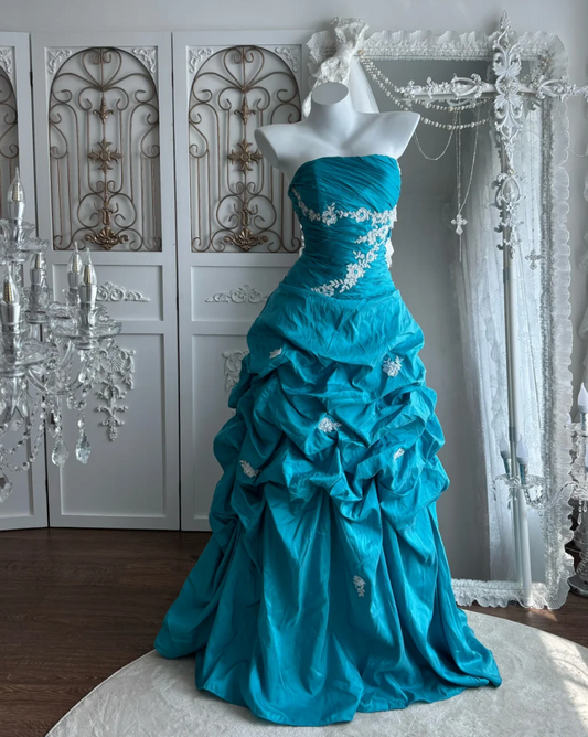 Vintage Strapless Blue Prom Dress Appliques A-Line Evening Dress GG7515