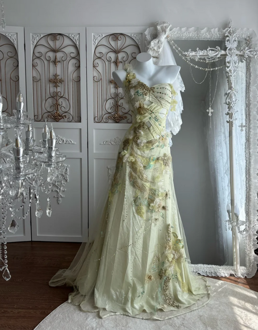 Beautiful One Shoulder Yellow Prom Dress Appliques Sequins A-Line Evening Dress GG7516