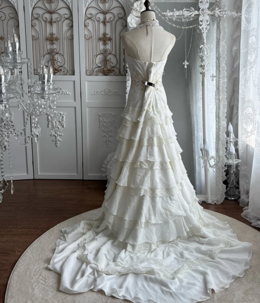 Alluring Strapless Tiered Wedding Dress Lace Sequins A-Line Bridal Dress GG7517