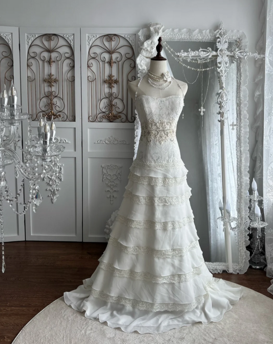 Alluring Strapless Tiered Wedding Dress Lace Sequins A-Line Bridal Dress GG7517